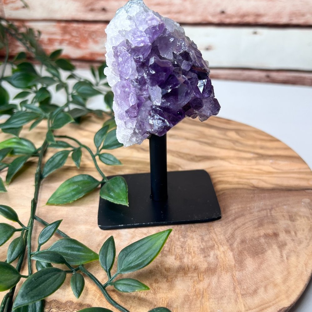 Raw Standing Amethyst Geode Cluster On A Metal Stand - Crystal Home Decor